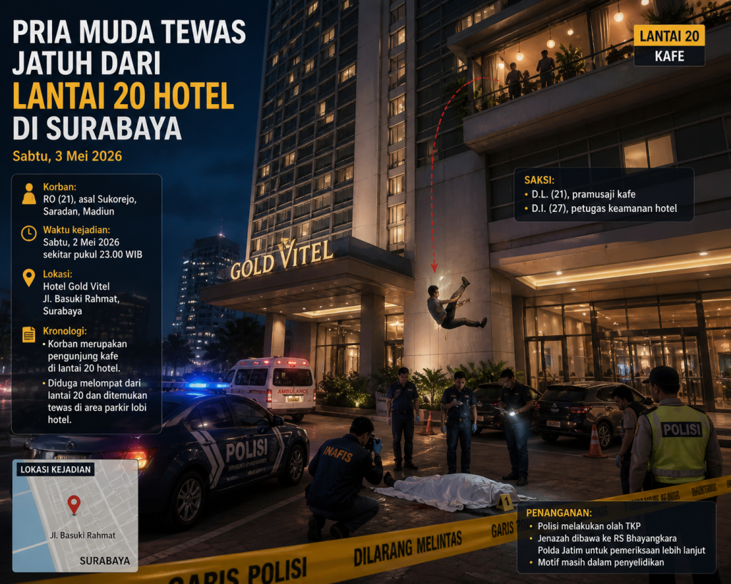 Pria Muda Tewas Jatuh dari Lantai 20 Hotel di Surabaya, Polisi Dalami Penyebab