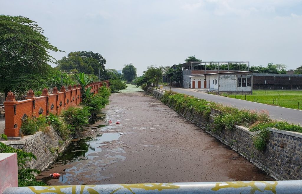 Hii... Air Sungai Pembatas Kota dan Kabupaten Mojokerto ini Berwarna Coklat Kemerahan
