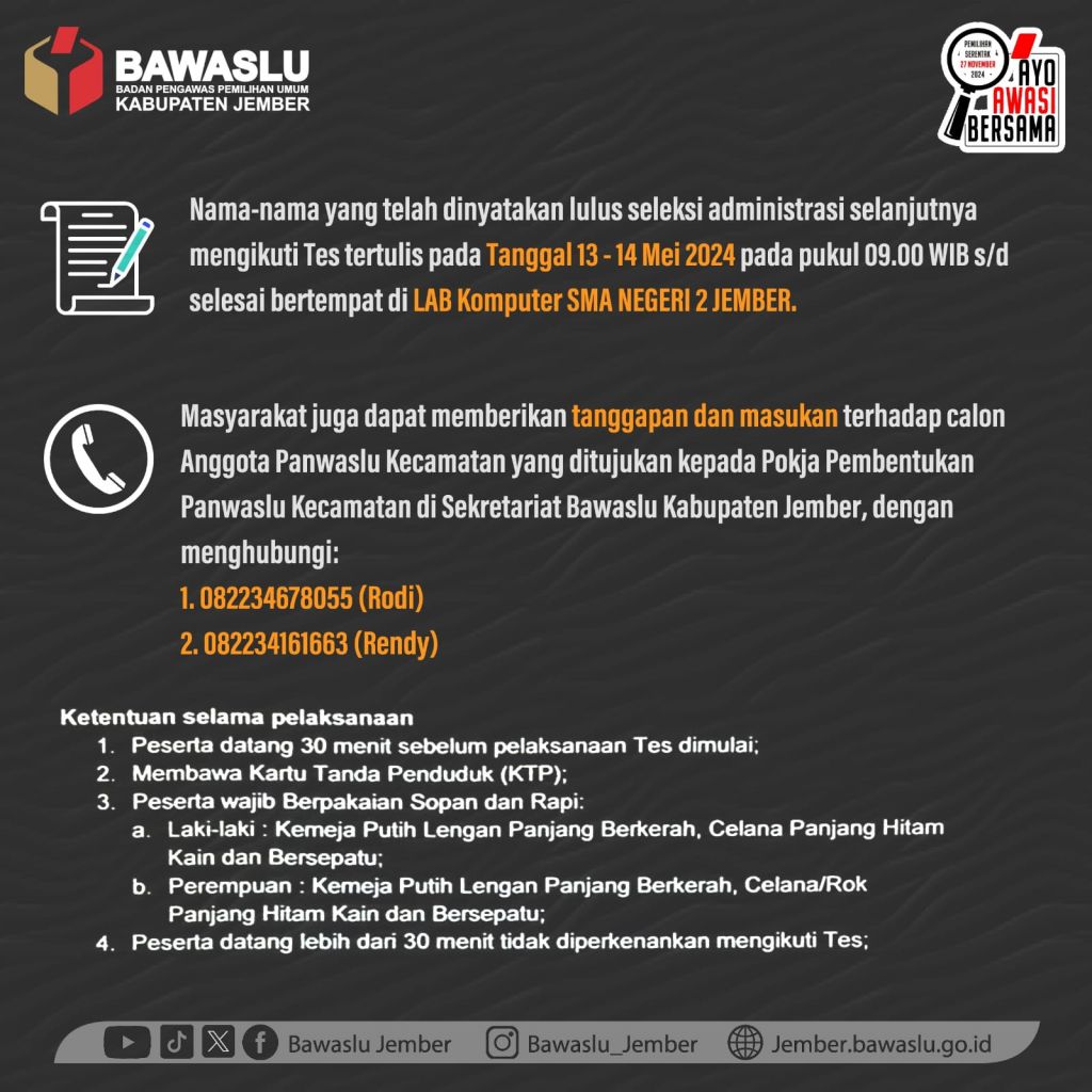 Tahapan proses tes tulis calon Panwascam Bawaslu Jember.