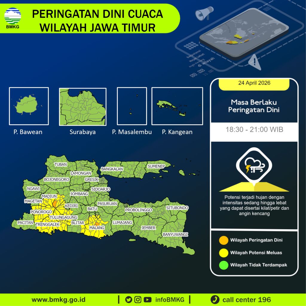 BMKG Keluarkan Peringatan Dini, Hujan Lebat Berpotensi Guyur Sejumlah Wilayah Jawa Timur Malam Ini