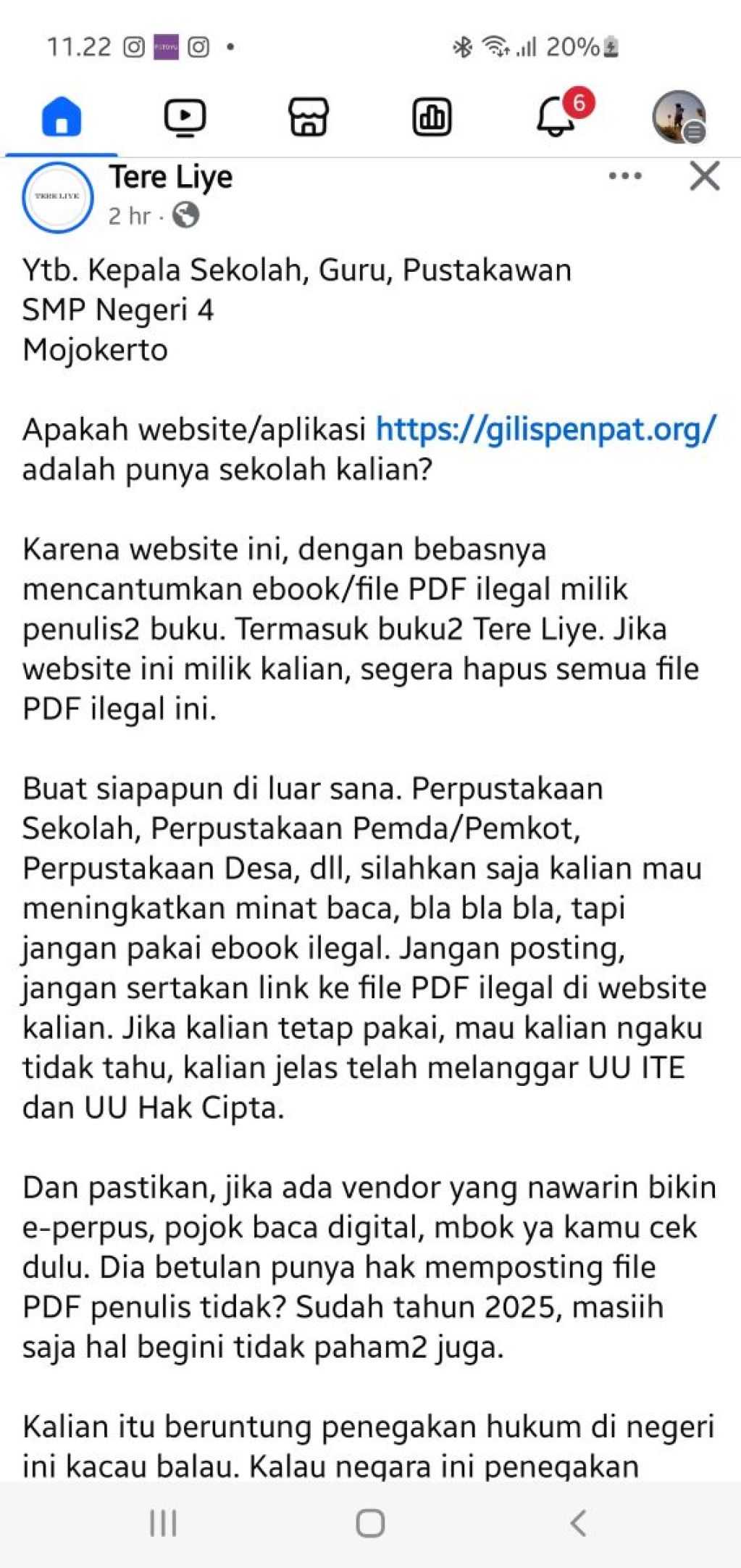 Viral, Surat Terbuka untuk SMPN 4 Kota Mojokerto dari Tere Liye