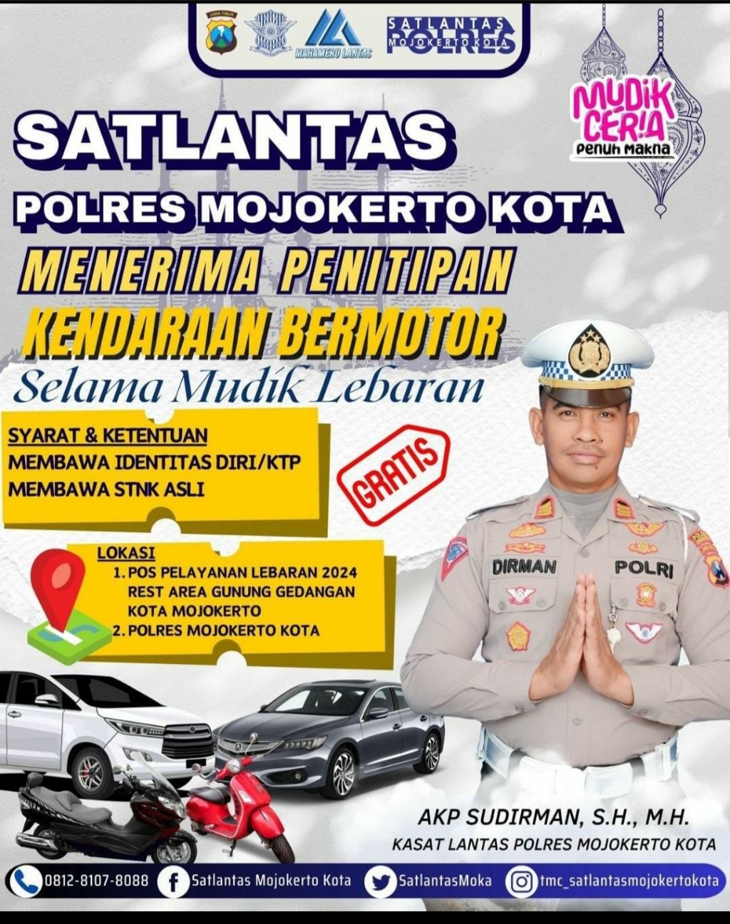 Flayer pemberitahuan penitipan kendaraan gratis yang dibuka Polres Mojokerto Kota selama mudik Lebaran 2024 (Foto: Dok. Satlantas Polres Mojokerto Kota)
