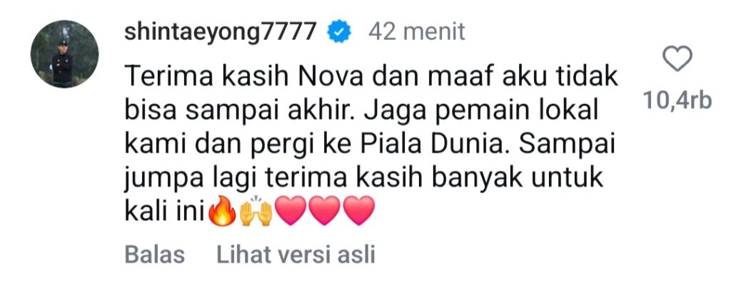 Isi pesan Shin Tae-yong. (Tangkapan layar)