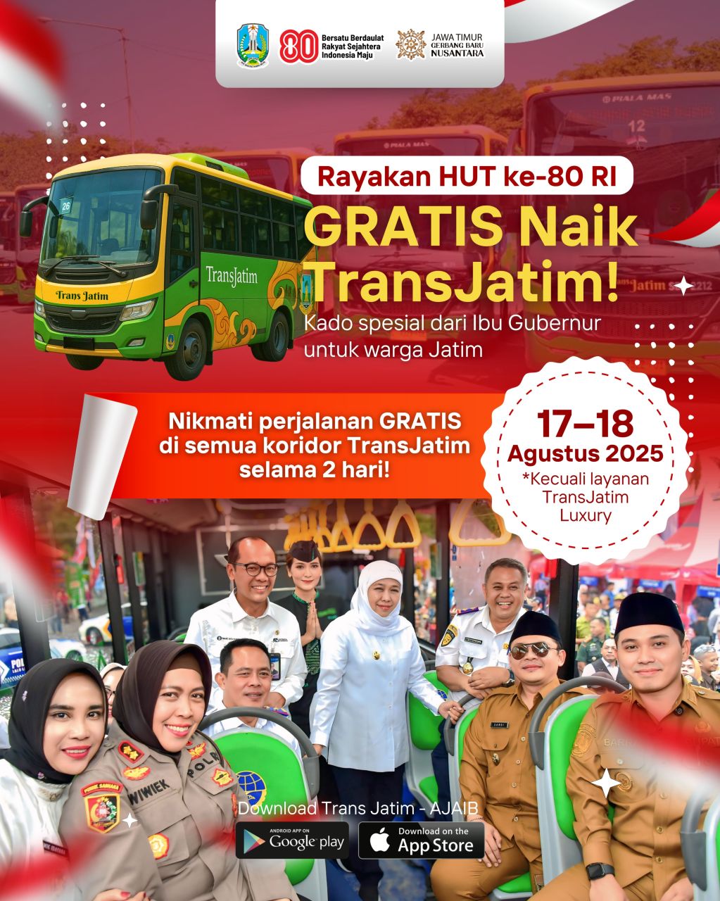 Bus Trans Jatim Gratis Selama 2 Hari, Gubernur Khofifah : Kado Istimewa HUT ke-80 RI