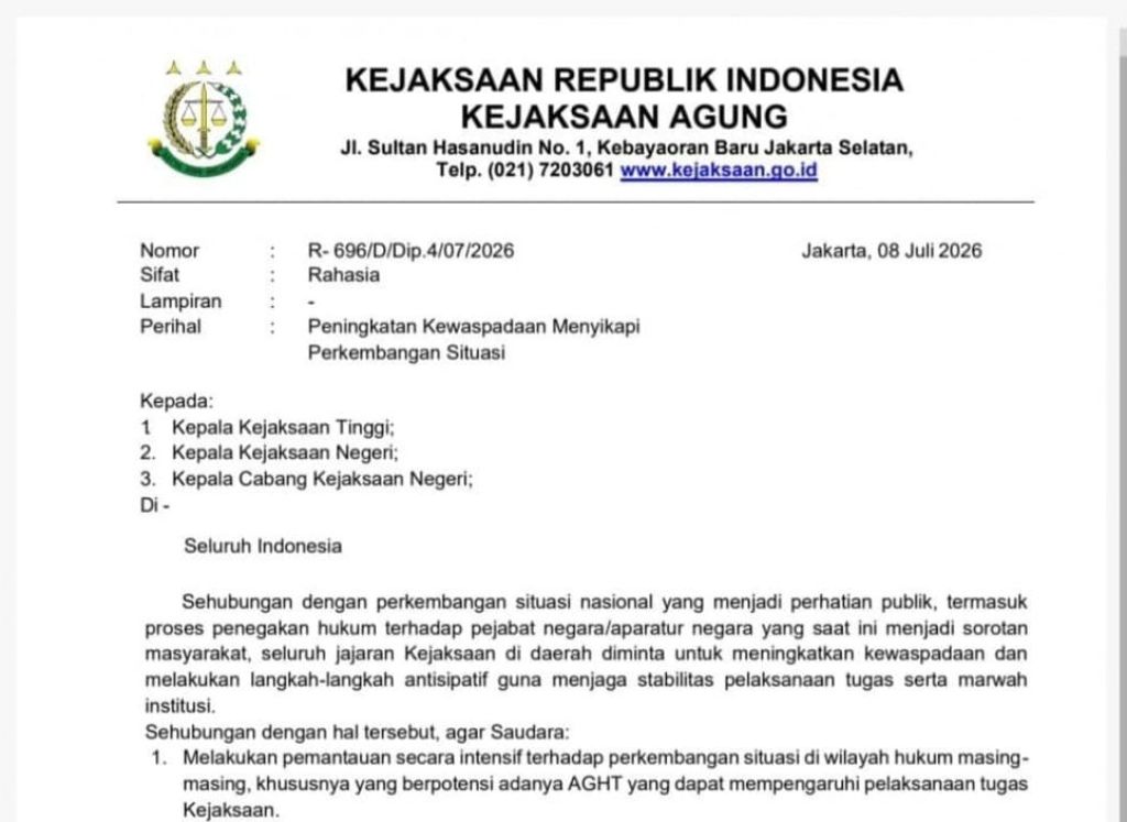 Surat Rahasia Kejaksaan Agung Beredar di Grup WA, Isinya Instruksi Tingkatkan Kewaspadaan Nasional